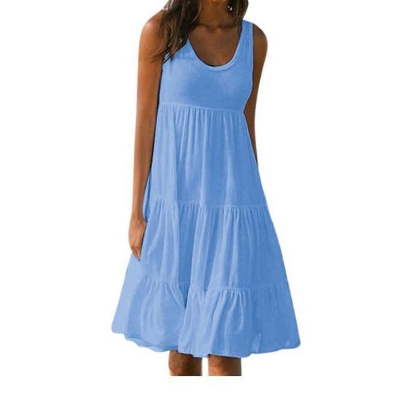 IHUASU Fashion Summer Spring Solid Color Print Sleeveless U-Neck Casual Dresses