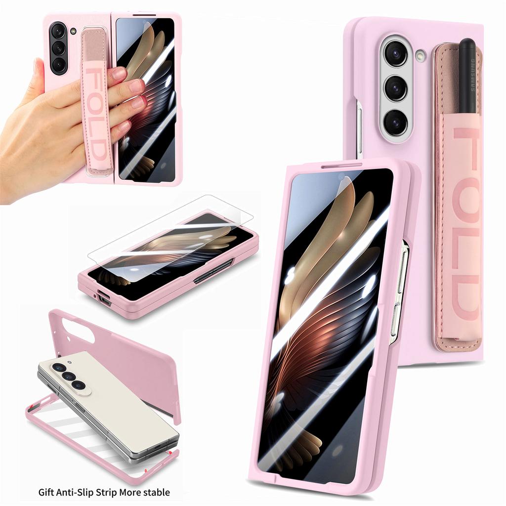 For Samsung Galaxy Z Fold6 5G Case Wristband Pen Slot Leather+PC Phone Cover with Screen Film