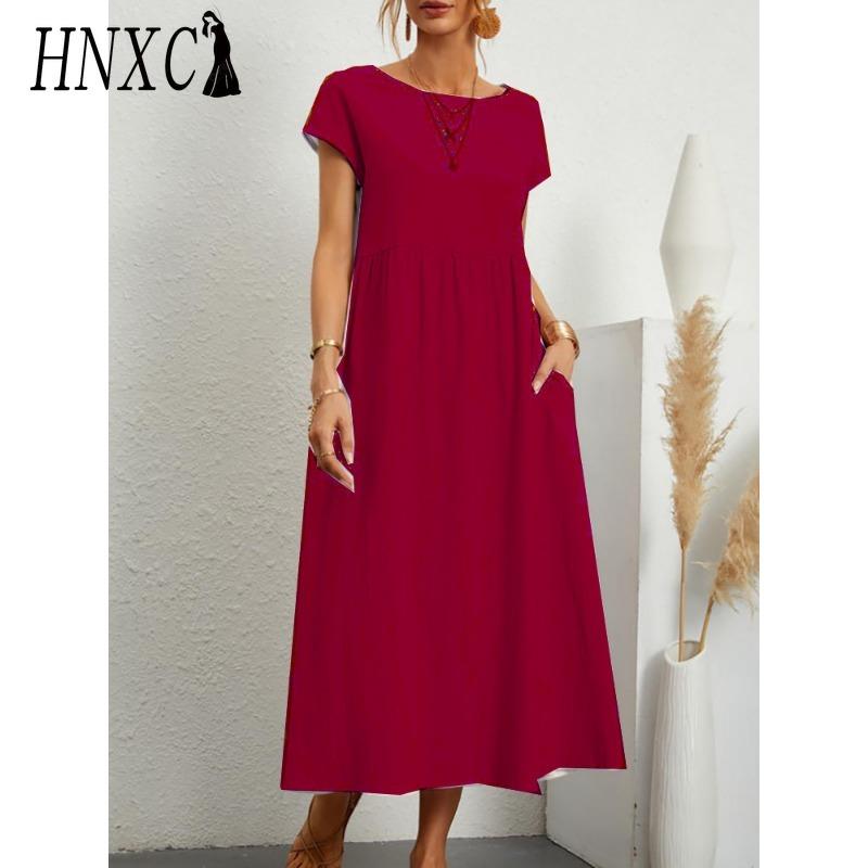 HNXC Women's Fashion Summer Spring Solid Color Print O-Neck High Waist Casual Dresses