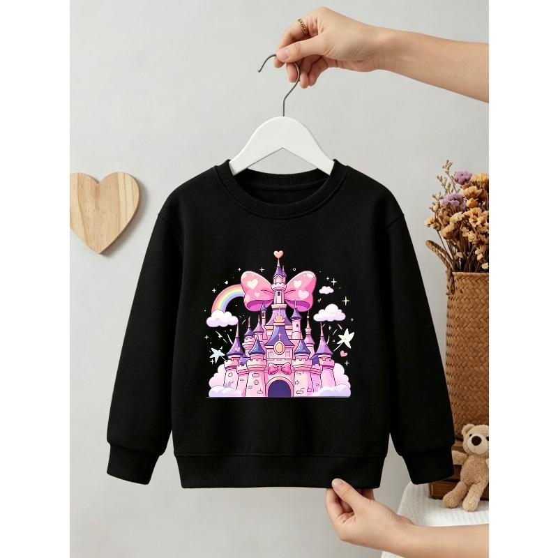 Kids Girls Crewneck Sweatshirt, Cute Pink Princess Castle Rainbow Bow Cloud Star Cartoon Print Black Soft Fleece Pullover 110 чёрный