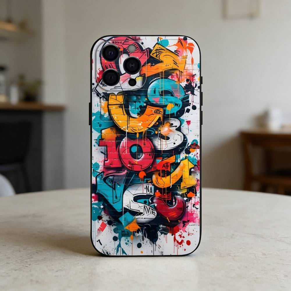 Cool C-Colorful Graffiti Phone Case For iPhone 17,16,15,14,13,12,11 Plus,Pro,Max,Mini Silicone black Soft Cover iPhone14