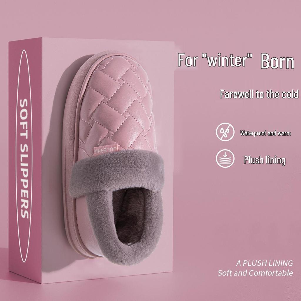 Waterproof Leather-Cotton Slippers, Non-Slip Closed Heel for Indoors