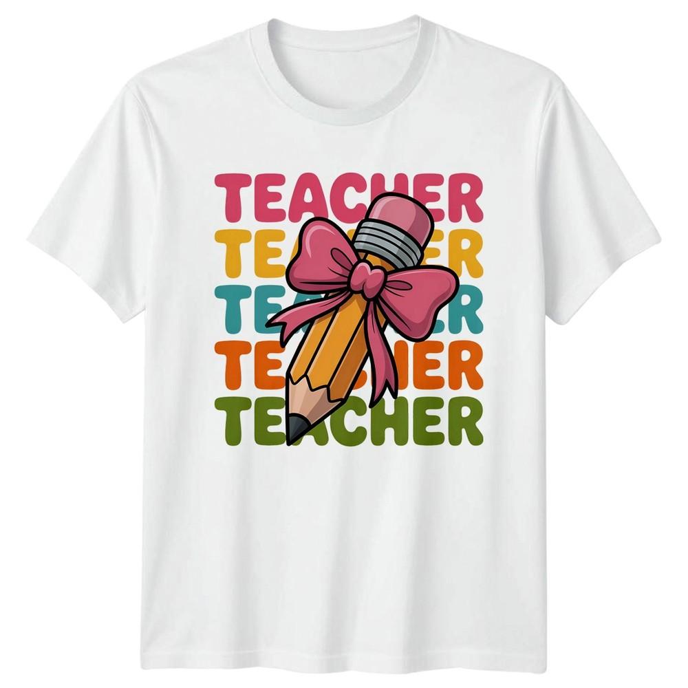Teacher Groovy Repeating Text Design Unisexs TShirt School Pencil Bow S