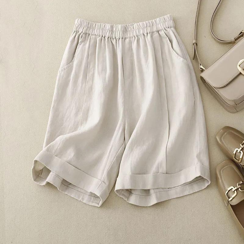 

Thin Shorts Women Summer Loose Button Waist Wide Leg Pants Women Korean Version Loose Plus Size Casual Five Quarter Pants XXXL бежевый