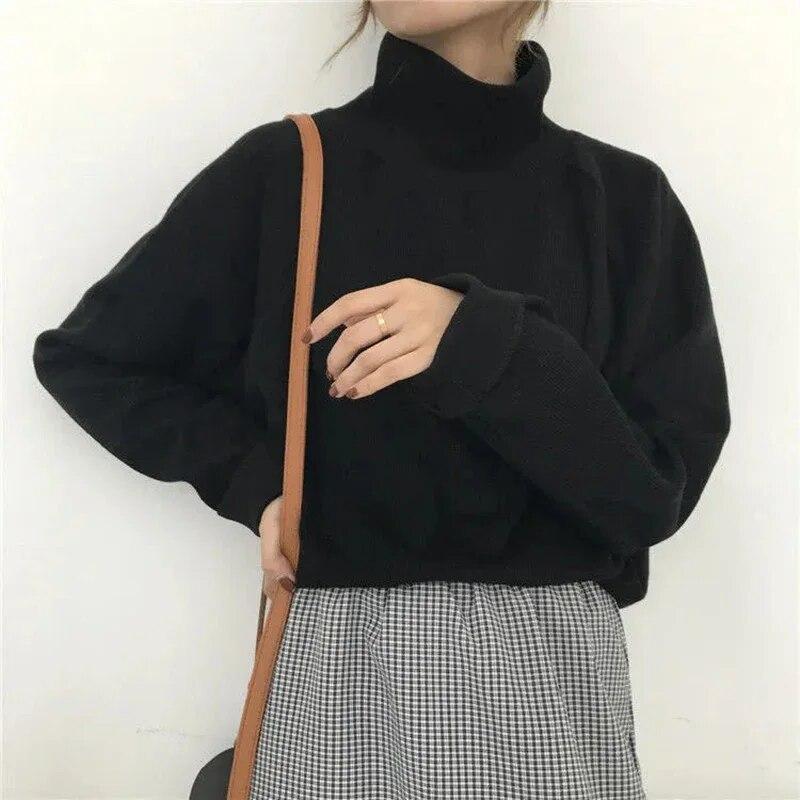 Rollkragenpullover für Damen, warm, dünn, lockerer Strick, weißer Pullover, gestrickt, Basic-Oberteil, zieht kintwear Frühling und Herbst