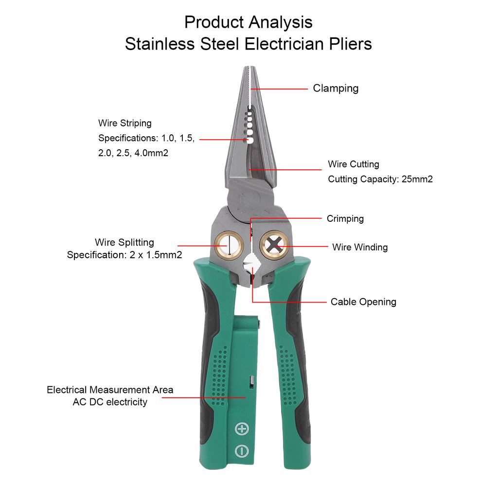 Electrical Pliers Multi Functional Wire Stripping Crimping Cutting Splitting Winding Pliers with Voltage Tester 12V-250V
