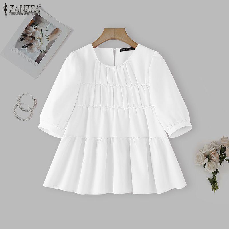 ZANZEA Lässige Bluse mit Rundhalsausschnitt, einfarbig, locker und kurzärmelig für Damen