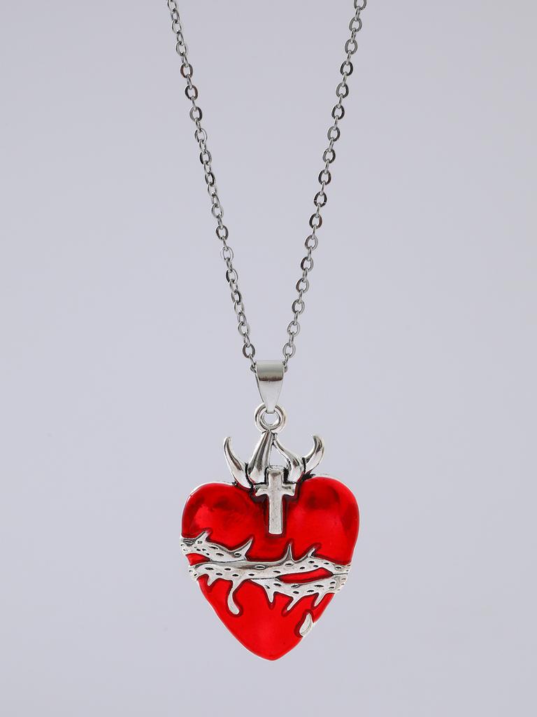 Hip-hop Punk Red Skull Cross Thorny Heart-shaped Pendant Sliver Color Chain Necklace for Women Halloween Party Goth Jewelry Gift