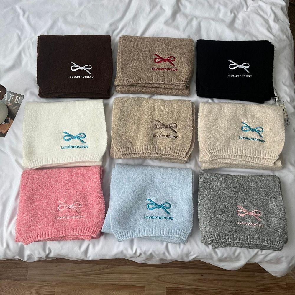 

Cashmere Knitted Scarves Bowknot Wool Shawl Simple Embroidery Bow Scarf Women/Men