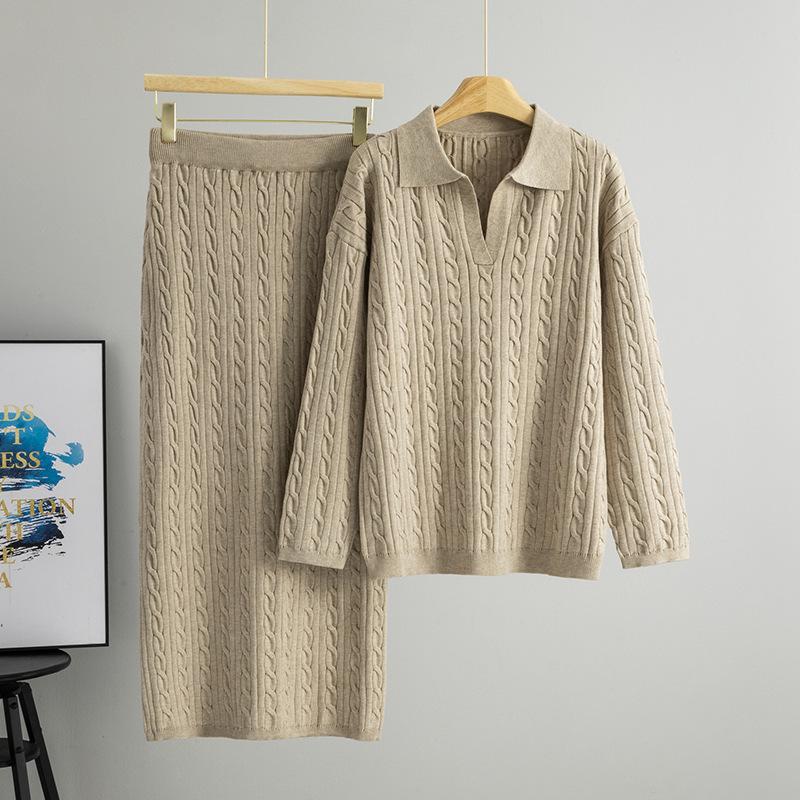 Women's Cable Knit POLO Collar Sweater & Skirt Set - Autumn/Winter 2025 Age-Reducing Style