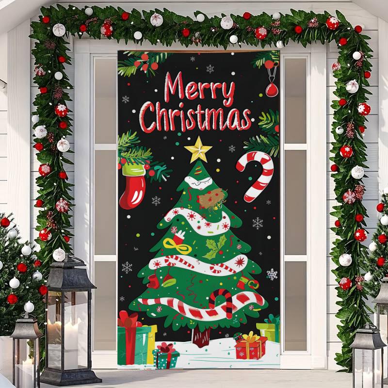 1 Stück Frohe Weihnachten Baum Türabdeckung Banner Polyester Schneemann Weißes Weihnachtsmuster für Heiligabend Neujahr Feiertagsparty Haustür Heim Wanddeko
