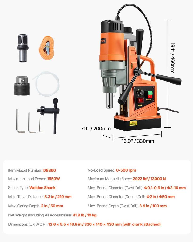 Magnetic Drill 1550W 2922lbf/13000N Portable Mag Drill Press 500RPM