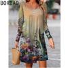 Vintage Boho Floral Elegant Women Dress Autumn Long Sleeve O-Neck A-Line Dress Big Size Casual Loose Dress Vestidos