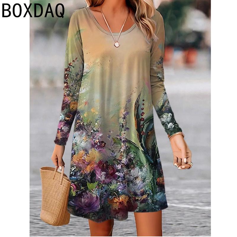 Vintage Boho Floral Elegant Women Dress Autumn Long Sleeve O-Neck A-Line Dress Big Size Casual Loose Dress Vestidos
