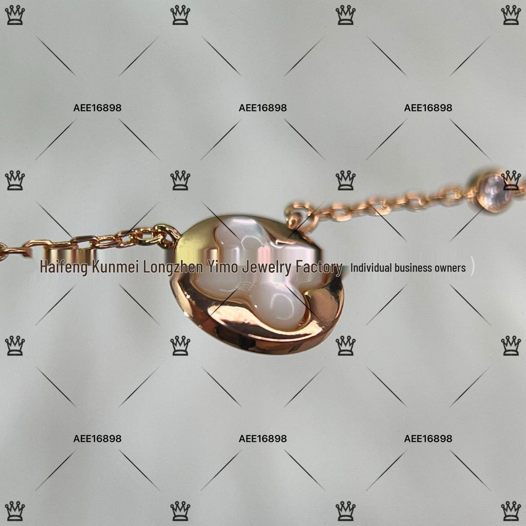 Luksusowa bransoletka damska ze srebra próby 925, wysadzana diamentami, z białą masą perłową i motywem czterolistnej koniczyny, z 18-karatowego różowego złota