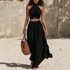 Comfortable Summer Pants Women's 2 Piece Outfits, High Neck Halter Sleeveless Top And Slimming Loose Trousers Wide Leg Matching Set, Beach Vacation