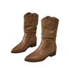 Cowhide brown western cowboy boots women's autumn and winter new pointed middle tube Maillard knight pile thick heel Martin boots