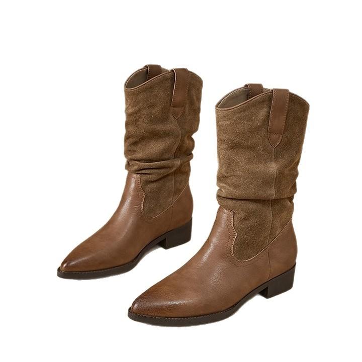 Cowhide brown western cowboy boots women's autumn and winter new pointed middle tube Maillard knight pile thick heel Martin boots