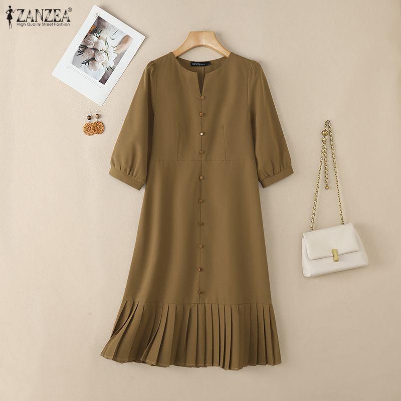 ZANZEA Women Casual V-Neck 3/4 Sleeve Loose Retro Dress