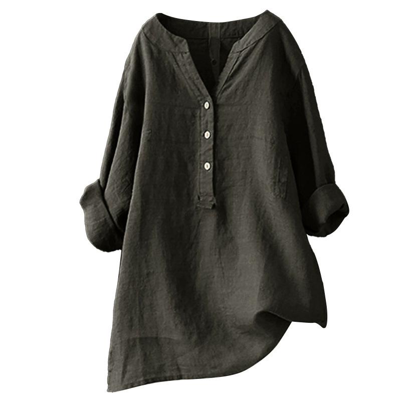 2025 Women's Solid Color Stand Collar Button Long Sleeve Cotton Linen Top