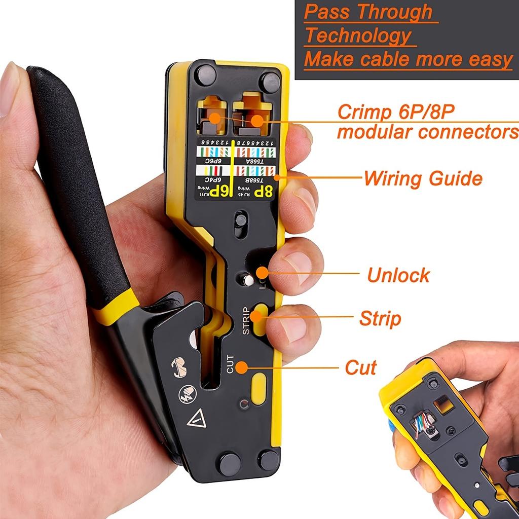 Ratcheting Modular Data Cable Crimper / Wire Stripper / Wire Cutter for RJ11/RJ12 Standard, RJ45 Pass-Thru Connectors