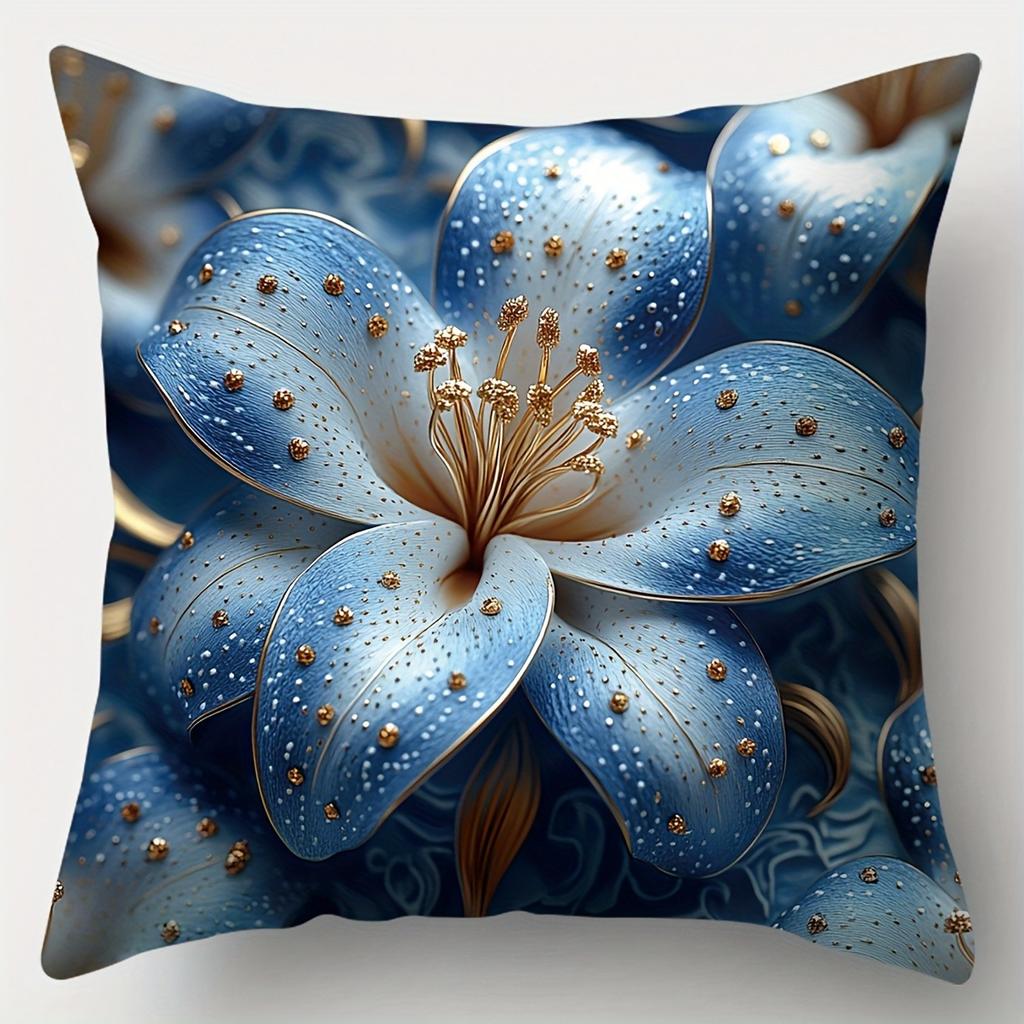 Blue Gold Floral Pattern Home Decor Pillow Cover Living Room Sofa Polyester Cushion Cover with Zipper