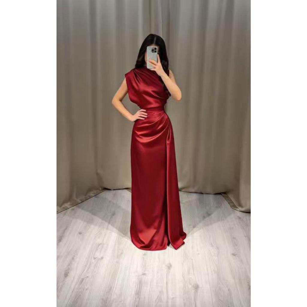 New Satin Round Neck Long Dress, High Waist Pleated Elegant Evening Party Gown