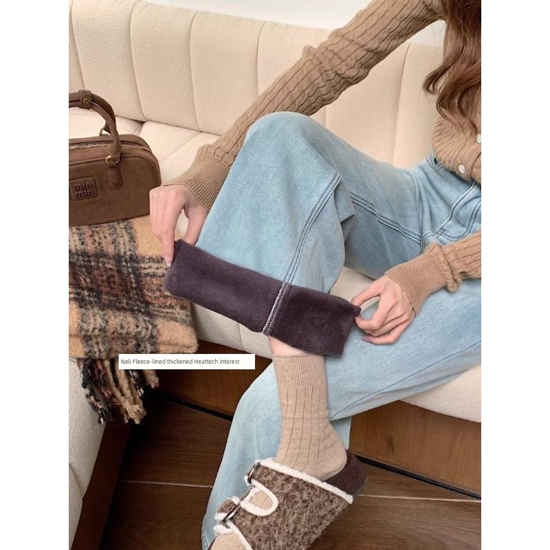 Light Blue Pants for Women Denim Autumn High Waist Stretch Loose Pants Retro Washed Black Bell-Bottoms Pants Tide