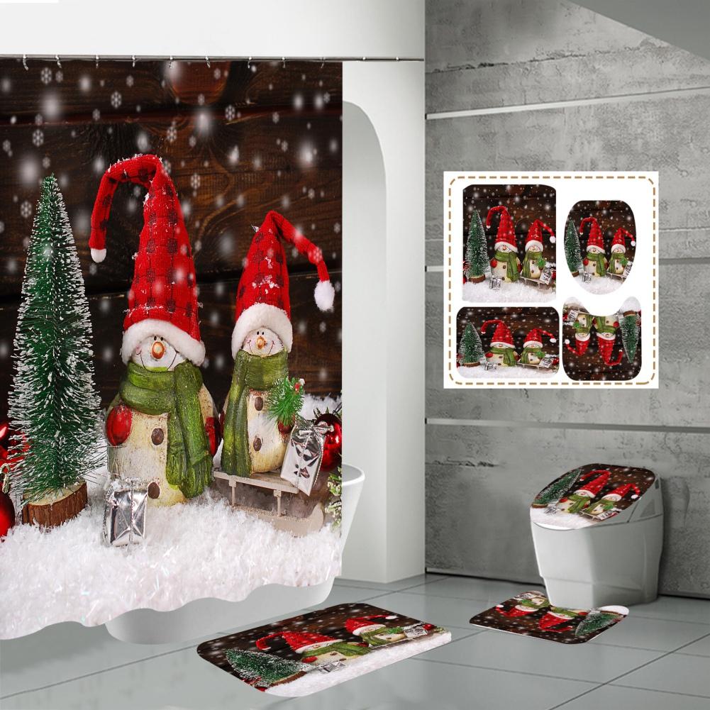 Merry Christmas Bathroom 4Pcs Set Snowman Santa Claus Pattern Waterproof Shower Curtain Toilet Cover Mat Non Slip Rug Home Decor