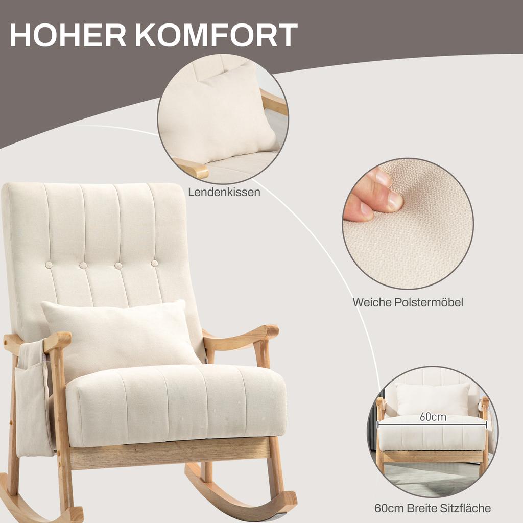 Rocking Chair with Lumbar Cushion, Wide Seat, Rubberwood Frame, Up To 120 Kg, Beige