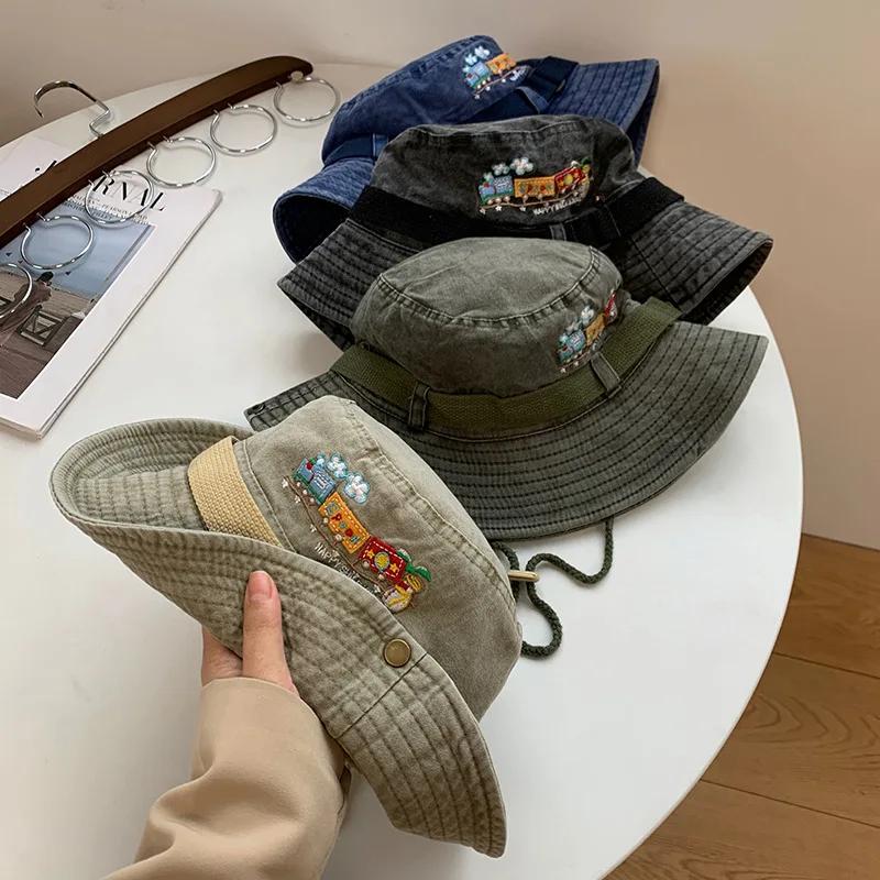 Retro Washed Cotton Fisherman Caps for Women Outdoor Hiking Mountaineering Sun Hats Wide Brim Sunshade Western Cowboy Caps