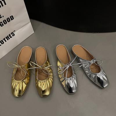 Mode Ballerina's Dames Leren Schoen Dames Smalle Band Zilveren Flats Bling Bling Goud Ronde Neus 2024 Lente Schoenen Designer Sandalen