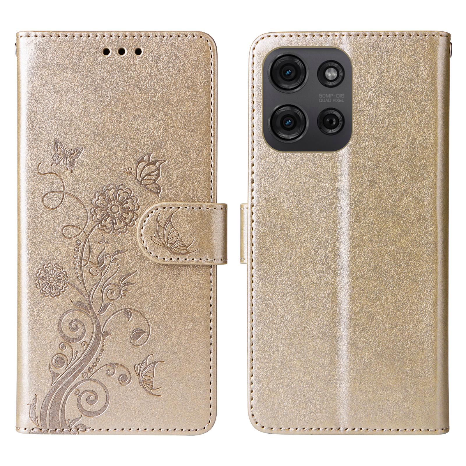 

For Motorola Moto G75 5G Leather Case Butterfly Floral Imprint Wallet Stand Cover Gold