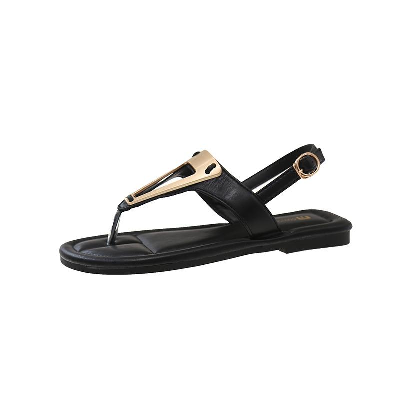 Fashion Summer 2025 Open Toe Women's Sandals Round Toe Buckle Strap Low Heel Thong Sandal Metal Decoration for Outdoor Casual Rome Shoes
