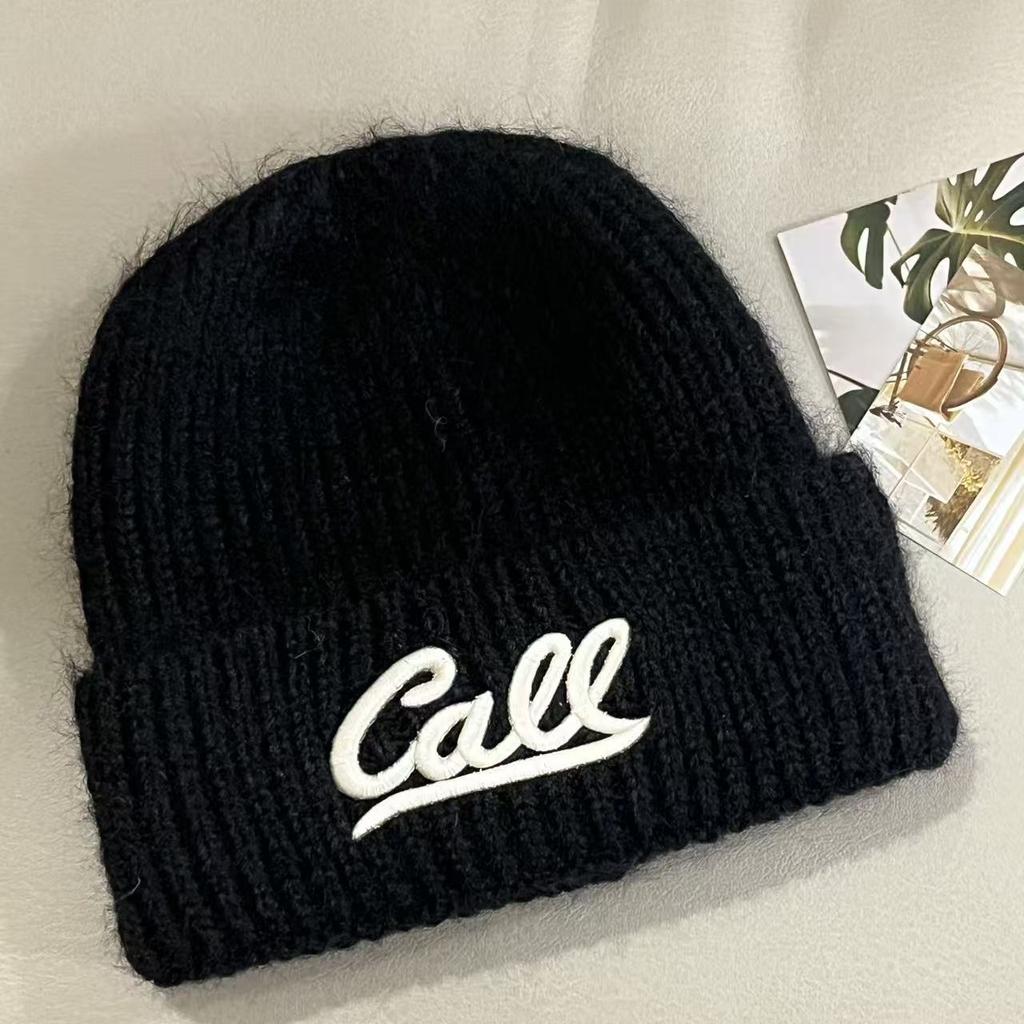 Autumn and winter new fashion letter embroidery knitted hat Korean version versatile solid color big head circumference shows the face small warm