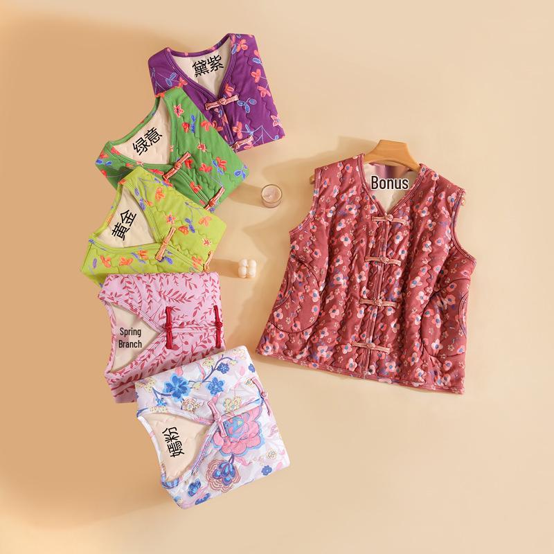 Women's Plus Size Floral Fleece-Lined Cotton Vest - Sleeveless, Thick, Warm Jacket for Middle-Aged and Elderly