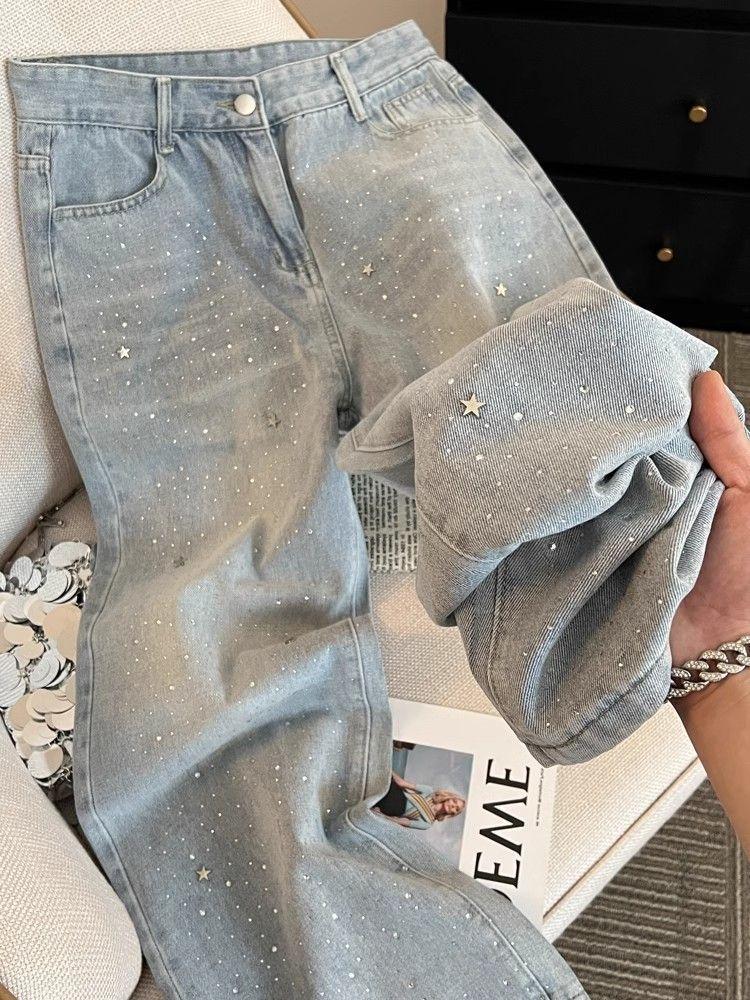 Damen Jeans mit hohem Bund, geradem Bein, lockere Denim-Hose, Stern Strasssteine, helle Waschung, Freizeit, dünn, Sommer, lange Hose