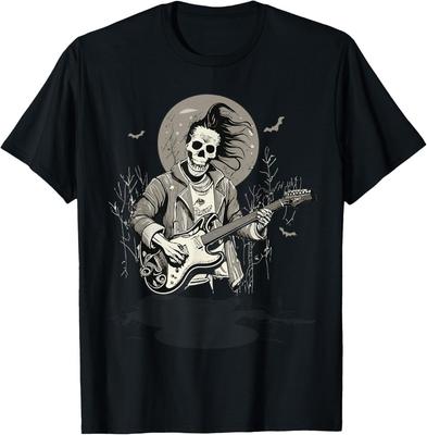 Skeleton Playing Guitar Vintage Shadow Rock Halloween T-Shirt