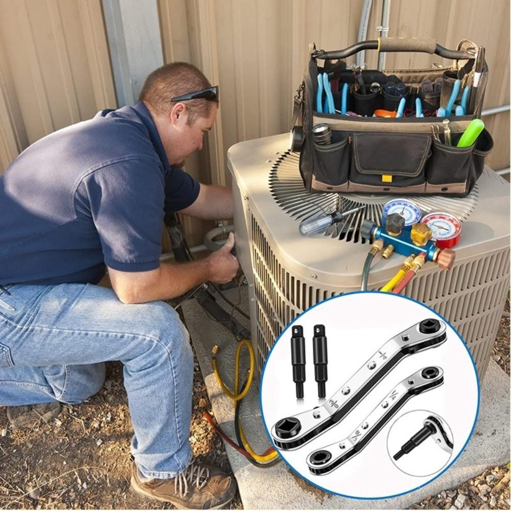 4-in-1 Quad-Size Ratchet Wrench for HVAC Valves  Air Conditioning Maintenance