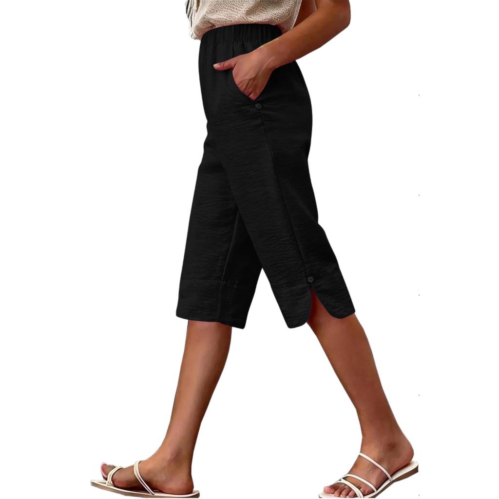 Pantalones Largos Casuales de Pierna Ancha con Cintura Alta Elástica para Mujer con Bolsillos
