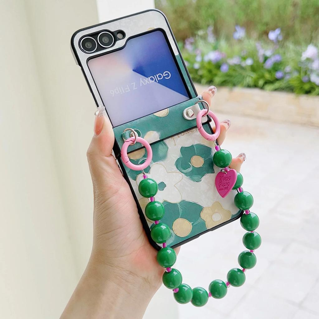 Flower PU Leather Cover with Hinge Protection & Wrist Chain Strap Bracelet For Samsung Galaxy Z Flip 6 5 4 3 Phone Case