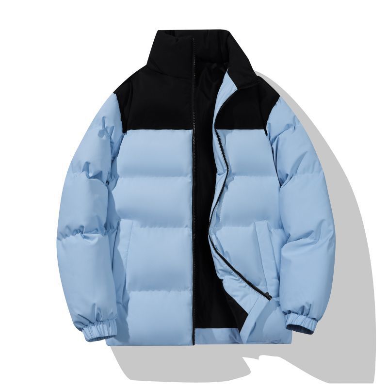 

Winter New Men s Cotton Clothes Fashionable Contrasting Color Splicing Casual Thickened Warm Stand-up Neck Cotton-padded Clothes Men 3XL небо синє кольору