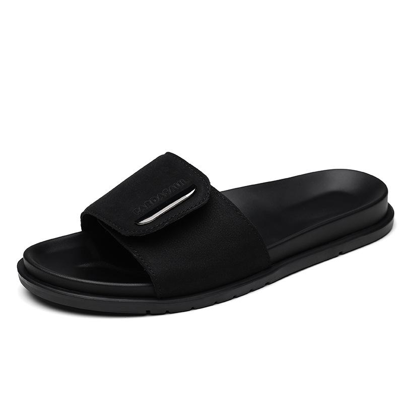 Sommer neue Oberbekleidung Leder Ein-Wort-Schlappen Herren Klett-Sandalen rutschfest desodorierend Lederpantoffeln Herren Strandschuhe