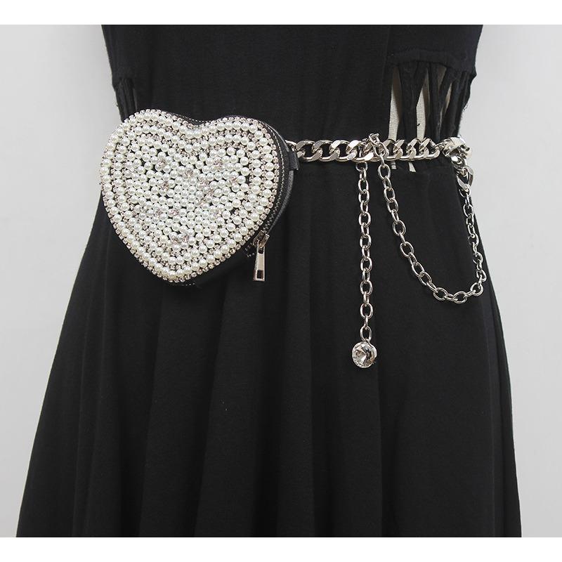 Heavy industry sparkling rhinestone love heart chain belt bag - trendy nightclub style heart style