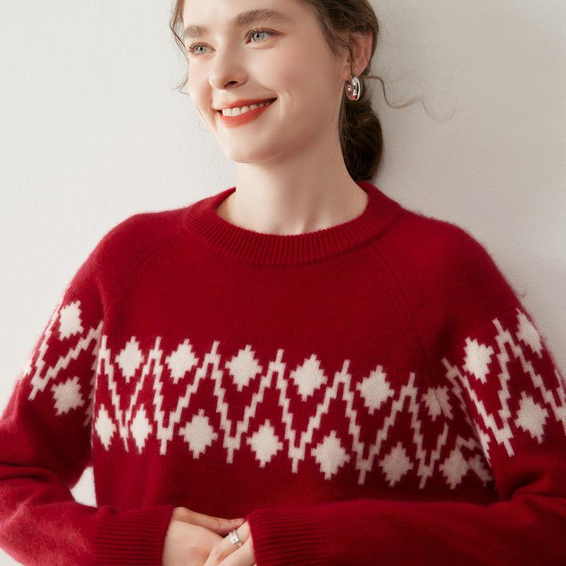Women's Round Neck Thick Jacquard Cashmere Sweater - Loose Red Fashion Knit for Autumn/Winter