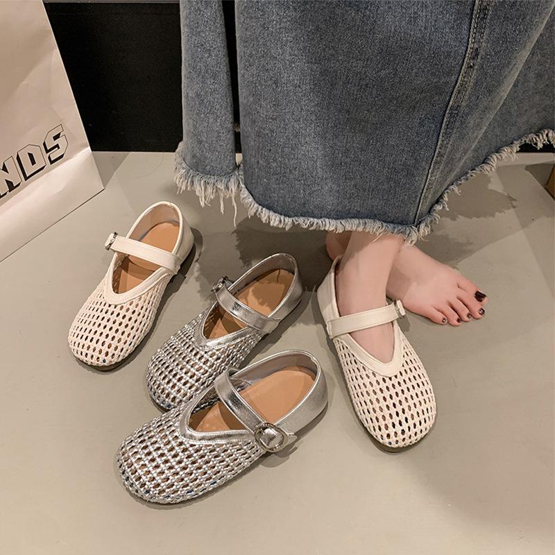Hollow Fishing Net Crocheted One-word Strap Single Shoes Women's 2025 New Round Head Flat Ballet Shoes Woven Mary Jane
