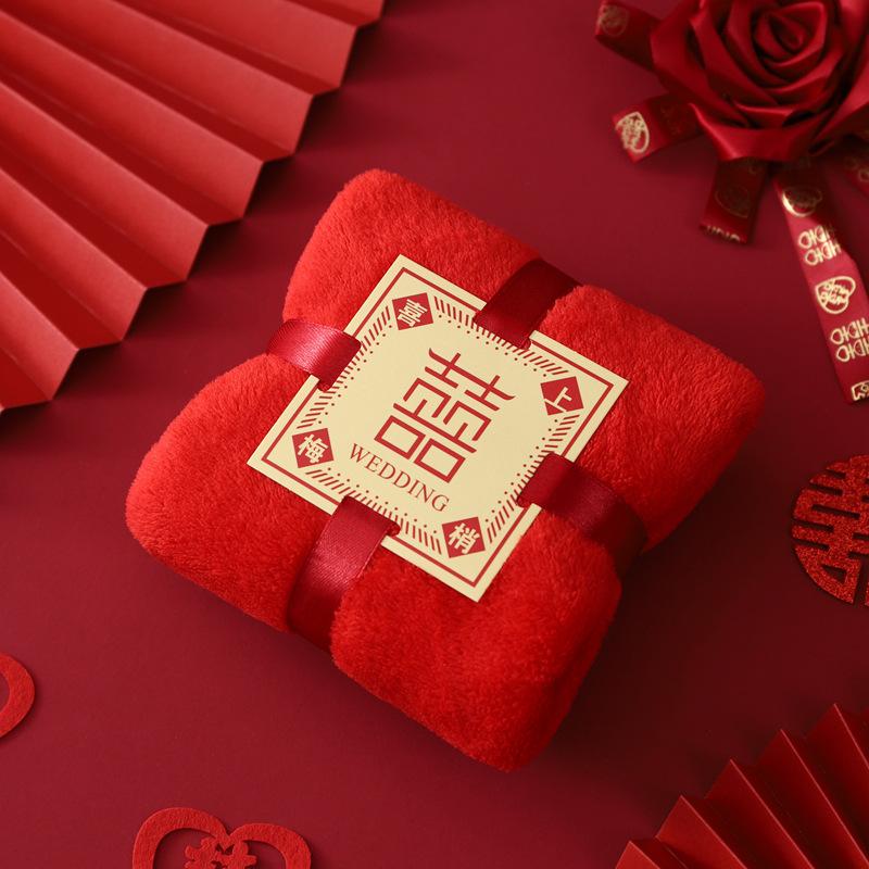 Coral Fleece Wedding Big Red Towel Wedding Happy Event Hand Towel Happy Character Pearl Bear Couple Red Towel