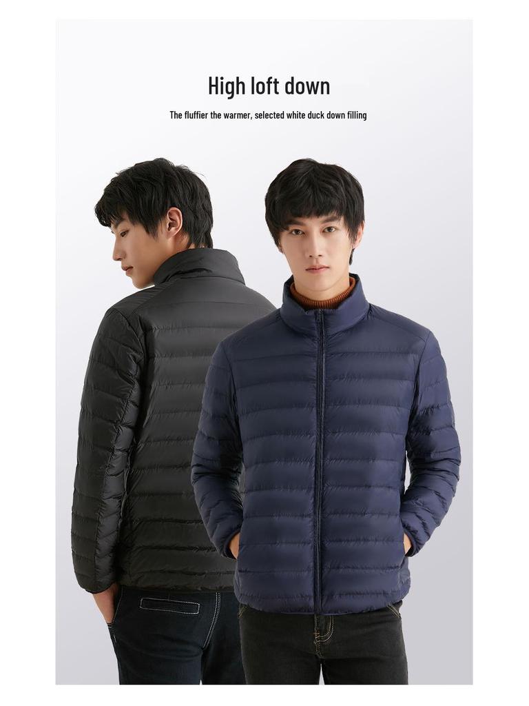 Męska lekka kurtka puchowa ze stójką, 90% puchu, styl koreański, plus size
