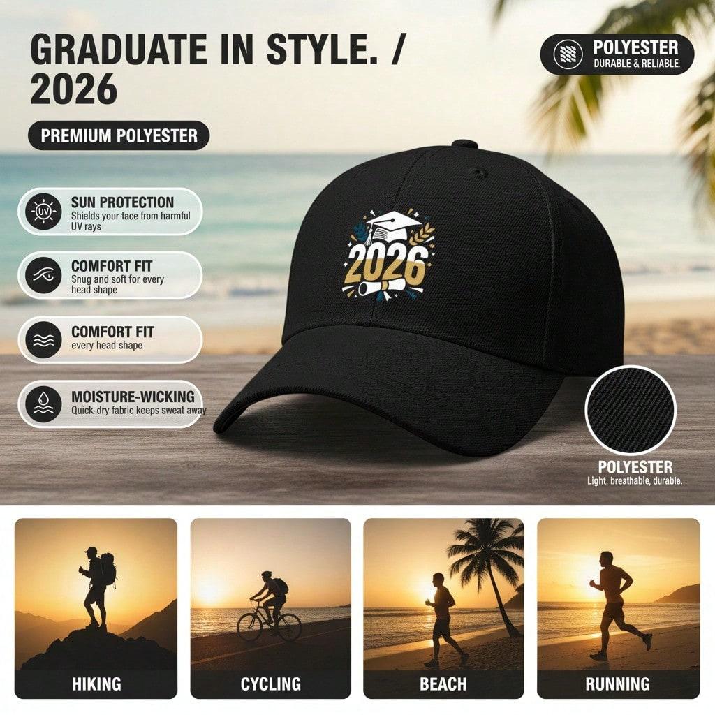 2026 Graduation Baseball Cap - Printed '2026' & Cap Graphic, Unisex Polyester Adjustable Breathable Lightweight Sun Protection Casual Outdoor Sports