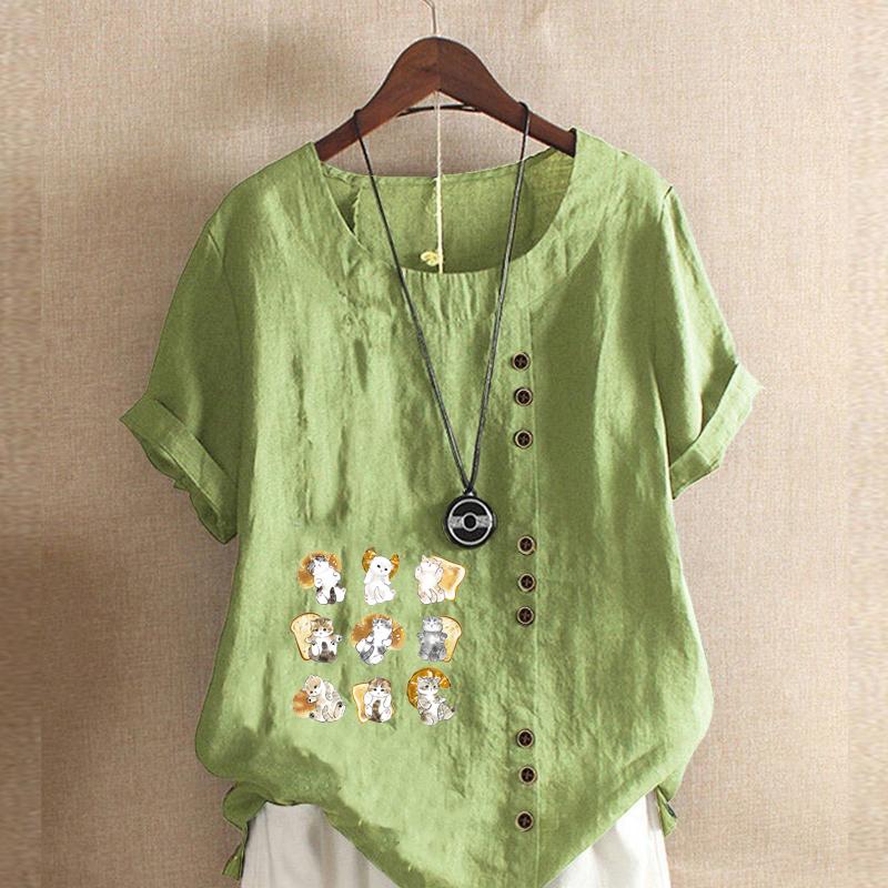 

Женская модная футболка с коротким рукавом с милым мультяшным принтом кота, свободная хлопковая рубашка, повседневная свободная летняя блузка, топы больших размеров 5XL зелёный